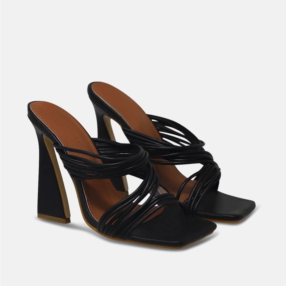 Open Toe Strappy Cross Flared High Heel Mule in Black Faux Leather